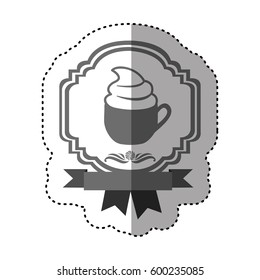 sticker gray scale border heraldic decorative ribbon with cup of cappuccino with cream vector illustration