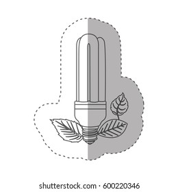 sticker with grayscale contour with fluorescent bulb and leaves vector illustration