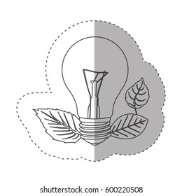 sticker with grayscale contour with light bulb and leaves vector illustration