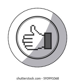 sticker grayscale contour of pixel thumb up inside on circular frame vector illustration