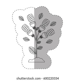 sticker with grayscale contour with plant stem with leaves and fluorescent bulbs spiral vector illustration