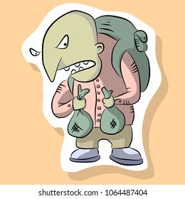 Sticker "Greed". An avid greedy character, a man with bags