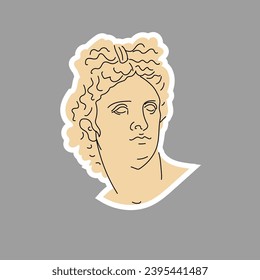 Sticker of the Greek sculpture of the head of Apollo. Ancient Olympian god. Decorative beige portrait with outline. Isolated on white background. Hand drawn. Vector illustration.