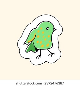 Sticker Green Bird On A Beige Background. Groove Style. Sketch for printing on children's products, posters, fabric, wallpaper. Vector illustration