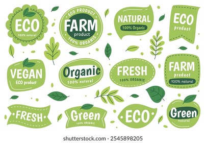 Sticker of green ecological products. Fresh natural products. Vegan dishes. Caring for nature. Vector illustration