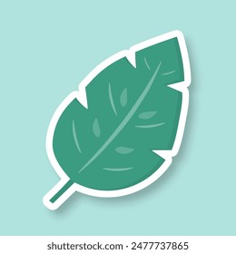 A sticker or a green leaf icon on a green background. Trendy pop art design of the 80s. Vector illustration.