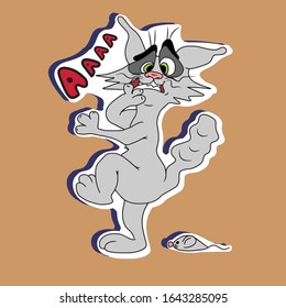 Sticker but the grey cat was afraid of the mouse . Vector illustration.Form for banners, postcards. Animal.