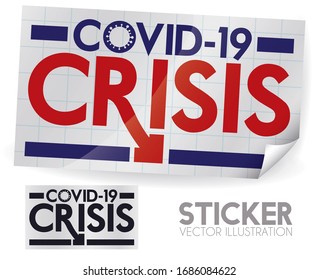 Sticker with grid pattern, coronavirus silhouette and arrow down announcing COVID-19 financial crisis due this virus outbreak.