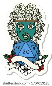 sticker of a half orc barbarian character with natural twenty dice roll
