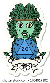 sticker of a half orc barbarian character with natural 20 dice roll