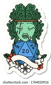 sticker of a half orc barbarian character with natural twenty dice roll
