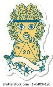 sticker of a half orc barbarian character with natural twenty dice roll