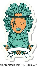sticker of a half orc barbarian character with natural 20 dice roll