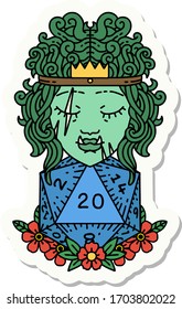 sticker of a half orc barbarian with natural twenty dice roll