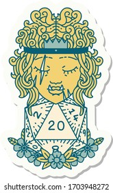 sticker of a half orc barbarian with natural twenty dice roll