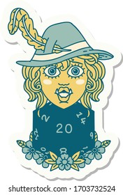 sticker of a half orc bard with natural twenty dice roll 