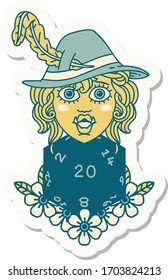 sticker of a half orc bard with natural twenty dice roll 