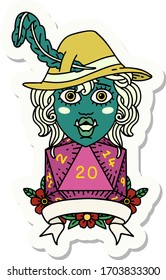 sticker of a half orc bard with natural 20 dice roll