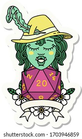 sticker of a half orc bard with natural 20 dice roll