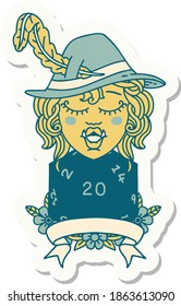 sticker of a half orc bard with natural 20 dice roll