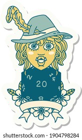 sticker of a half orc bard with natural 20 dice roll