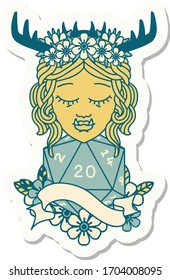sticker of a half orc druid character with natural 20 dice roll