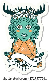 sticker of a half orc druid character with natural 20 dice roll