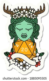 sticker of a half orc druid character with natural 20 dice roll