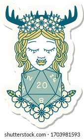sticker of a half orc druid with natural twenty dice roll