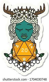 sticker of a half orc druid with natural twenty dice roll