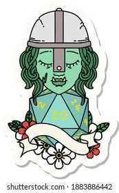sticker of a half orc fighter character with natural 20 dice roll