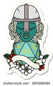 sticker of a half orc fighter character with natural 20 dice roll