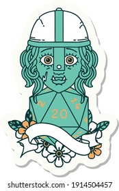 sticker of a half orc fighter character with natural 20 dice roll