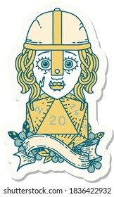 sticker of a half orc fighter with natural 20 dice roll