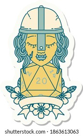 sticker of a half orc fighter with natural twenty dice roll