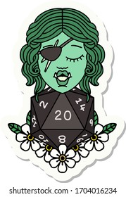 sticker of a half orc rogue with natural twenty dice roll
