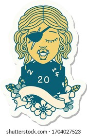 sticker of a half orc rogue with natural twenty dice roll