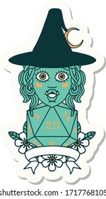 sticker of a half orc witch character with natural 20 dice roll