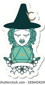 sticker of a half orc witch character with natural 20 dice roll
