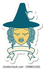 sticker of a half orc witch character face with banner