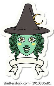 sticker of a half orc witch character face with banner