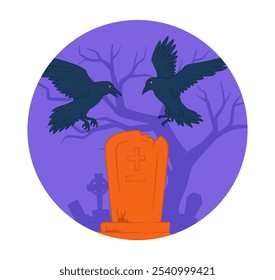 Pegatina para Halloween. Cuervos negros en una tumba naranja en el cementerio. Fiesta internacional otoñal del miedo y el horror. Portada de medios sociales. Ilustración vectorial plana aislada sobre fondo blanco