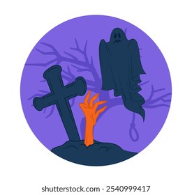 Pegatina para Halloween. Mano zombi naranja en la tumba. Fantasma en el cementerio. Fiesta internacional otoñal del miedo y el horror. Monstruos aterradores. Ilustración vectorial plana aislada sobre fondo blanco