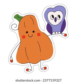 Sticker of Halloween pumpkin with cute owl. Color flat vector illustration.