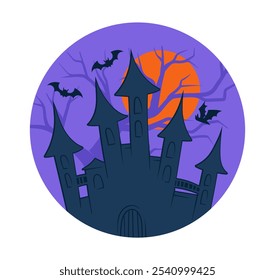 Pegatina para Halloween. Silueta de castillo de miedo con murciélagos negros. Fiesta internacional otoñal del miedo y el horror. Pegatina de medios sociales. Ilustración vectorial plana aislada sobre fondo blanco