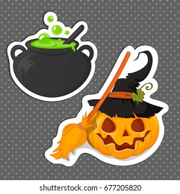 Sticker Halloween for your design. The potion witch and pumpkin with a broom. Flat design. The Symbols Of Halloween. Stock vector