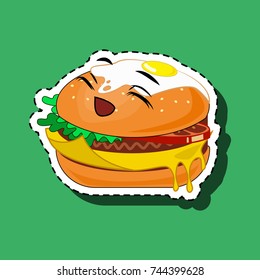Sticker hamburger with a cheerful face. Smile with emotion "joy" on a green background..Burger with egg and biting hot cheese. The contents of the burger superficially reflect the emotion.Vector EPS10
