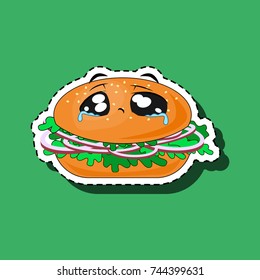 Sticker hamburger with a crying face. Smile with emotion "hurt" on a green background. Burger with lots of onions.. The contents of the burger superficially reflect the emotion. Vector EPS10