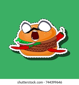 Sticker hamburger with a frightened face. Smile with emotion "horror" on a green background. Burger with pepper.. The contents of the burger superficially reflect the emotion. Vector EPS10
