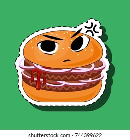 Sticker hamburger with an irritated face.Smile with emotion "irritation" on a green background. Burger with onion and ketchup.The contents of the burger superficially reflect the emotion.Vector EPS10